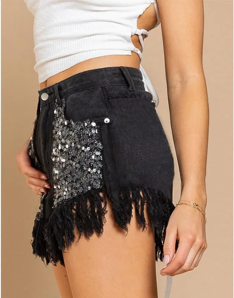 ZOCAVIA Womens Casual High Waisted Tassels Denim Shorts Glitter Sequin Fringe Shorts Summer Stretchy Raw Hem Short Pants