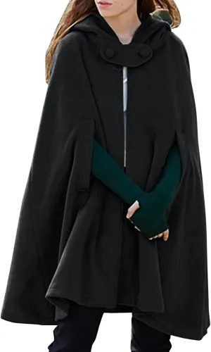 ZYXTIM Womens Stylish Cozy Velvet Hooded Cloak Cape Cosplay Costumes Button Up Winter Windproof Cloak Woolen Coat
